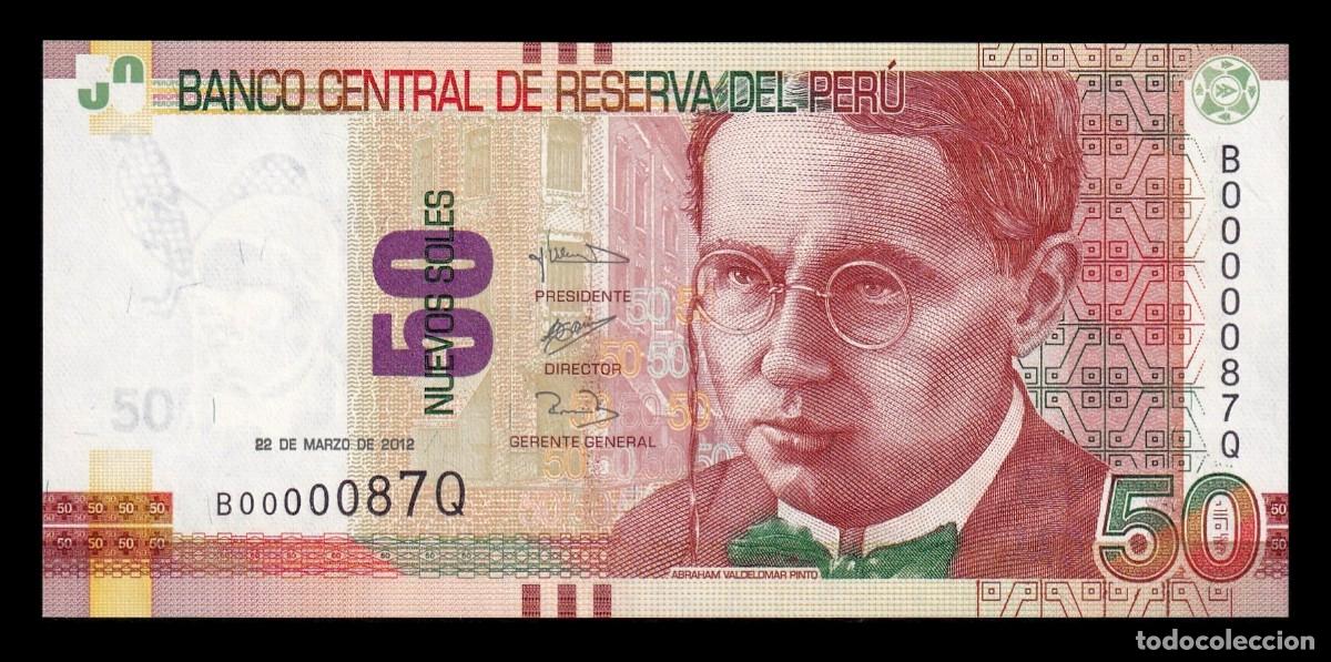 Billetes extranjeros: Per&uacute; 50 Nuevos Soles Abraham Valdelomar 2012 Pick 189 Numeraci&oacute;n baja Sc Unc