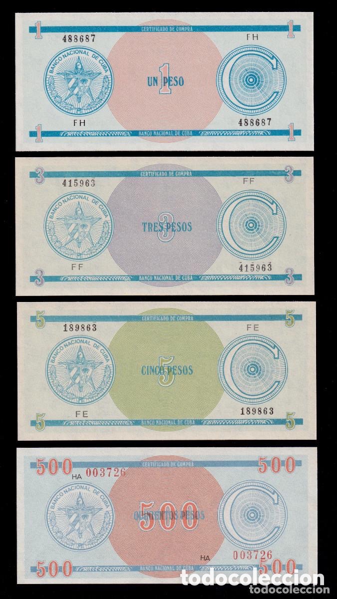 Billetes extranjeros: CUBA 1 PESO 3 PESOS 5 PESOS 500 PESOS 1987 UNC/SC Pick.FX11-18 CERTIFICADO DE DIVISA SET 4 BILLETES