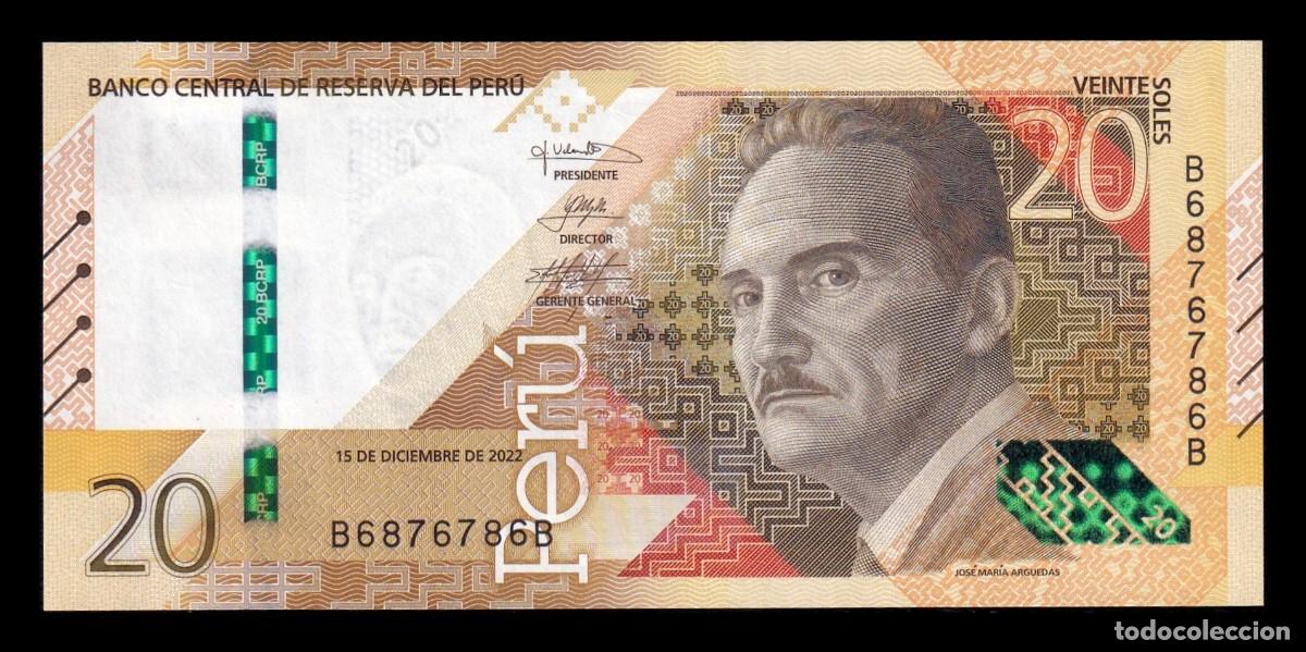 Billetes extranjeros: Per&uacute; 20 Soles Jos&eacute; Mar&iacute;a Arguedas 2022 Pick 197b Capicua Sc Unc