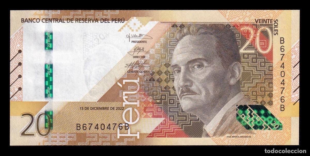 Billetes extranjeros: Per&uacute; 20 Soles Jos&eacute; Mar&iacute;a Arguedas 2022 Pick 197b Capicua Sc Unc