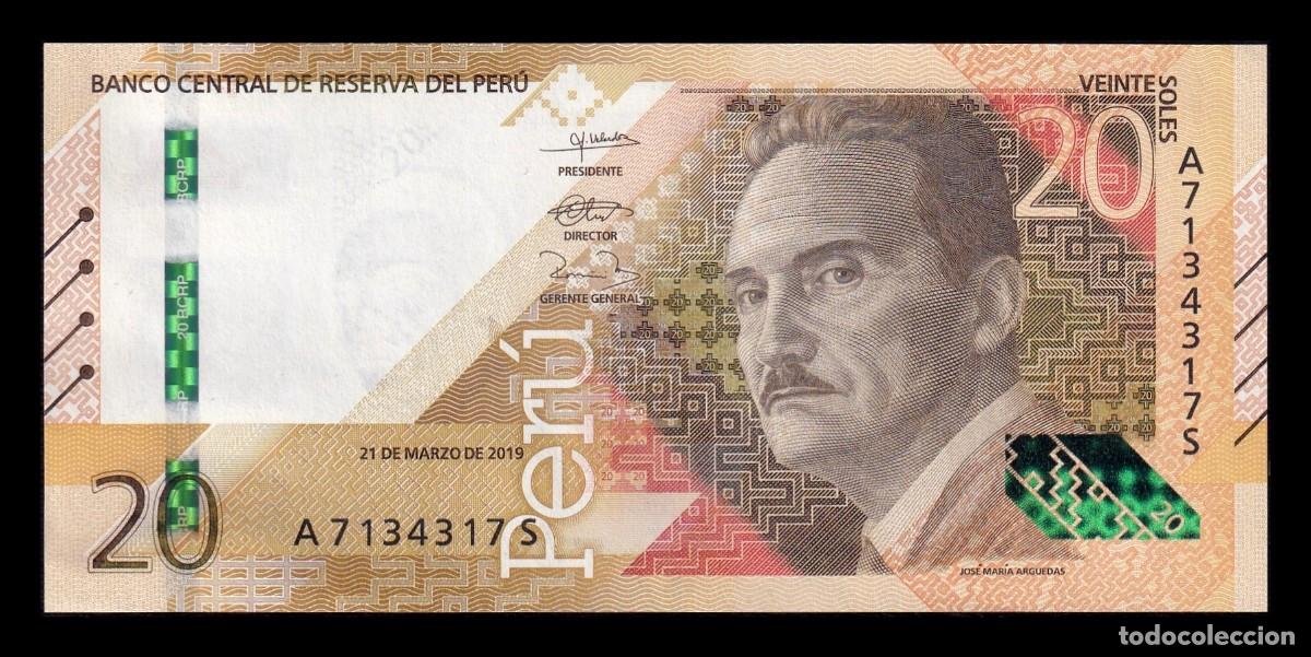 Billetes extranjeros: Per&uacute; 20 Soles Jos&eacute; Mar&iacute;a Arguedas 2019 Pick 197a Capicua Sc Unc