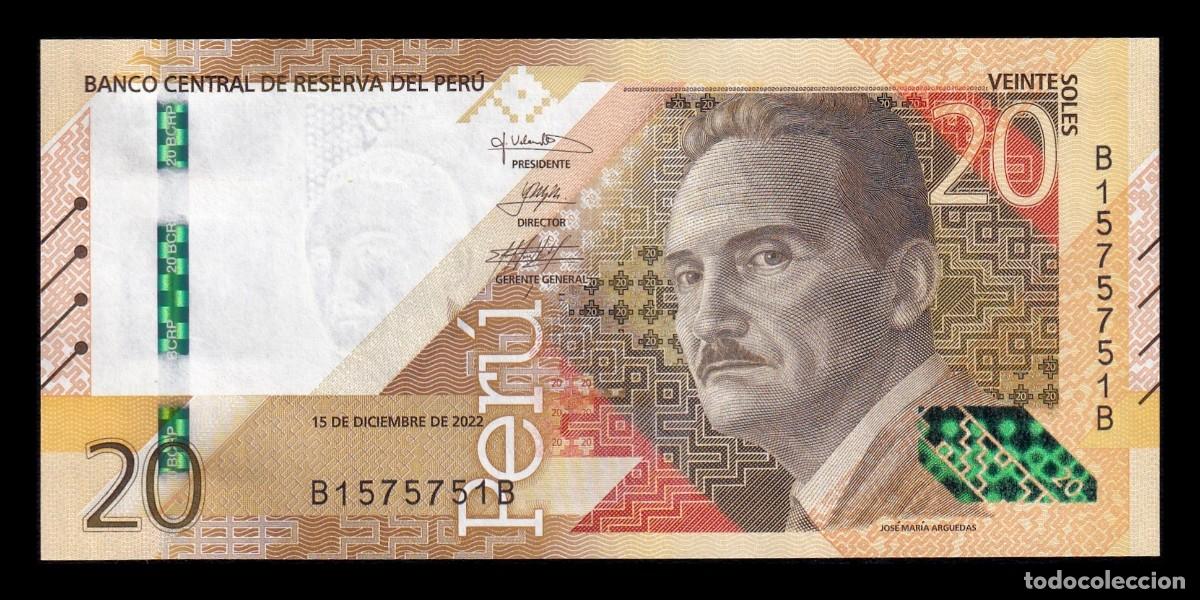 Billetes extranjeros: Per&uacute; 20 Soles Jos&eacute; Mar&iacute;a Arguedas 2022 Pick 197b Capicua Sc Unc