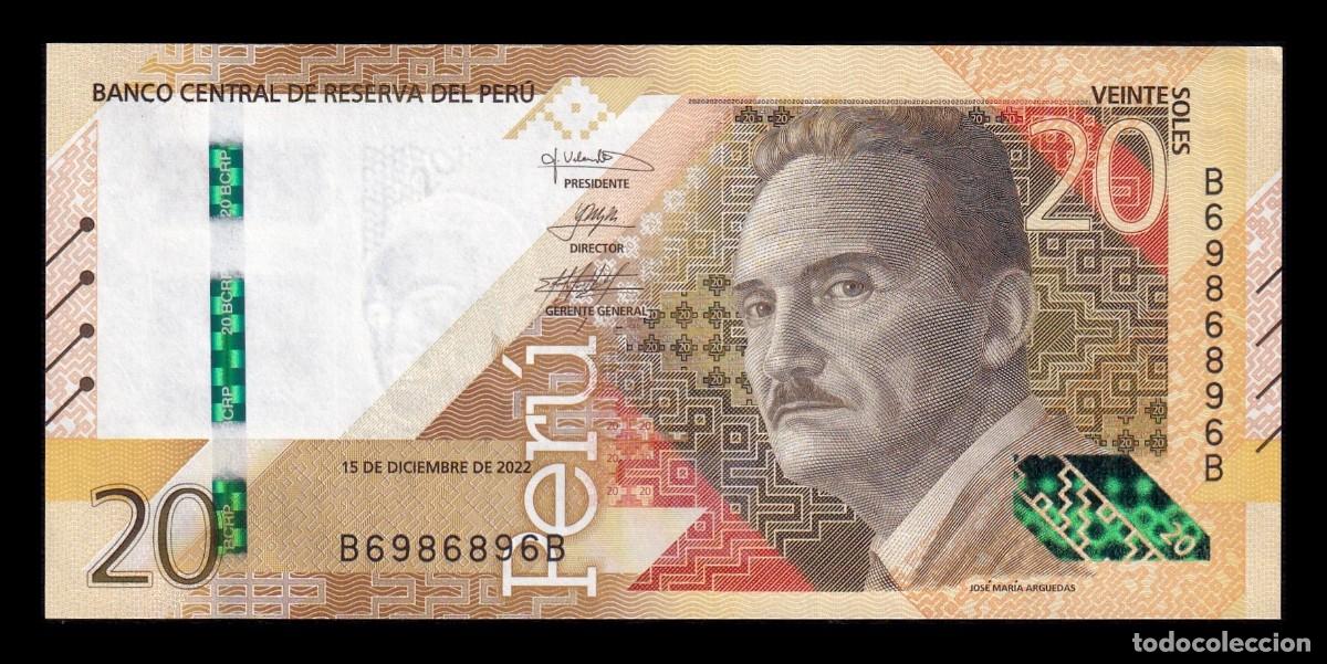 Billetes extranjeros: Per&uacute; 20 Soles Jos&eacute; Mar&iacute;a Arguedas 2022 Pick 197b Capicua Sc Unc
