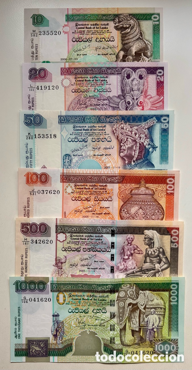 Billetes extranjeros: Set x 6 Billetes SRI LANKA 10-20-50-100-500-1000 Rupias 1995-2006 SC