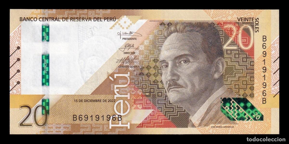 Billetes extranjeros: Per&uacute; 20 Soles Jos&eacute; Mar&iacute;a Arguedas 2022 Pick 197b Capicua Sc Unc