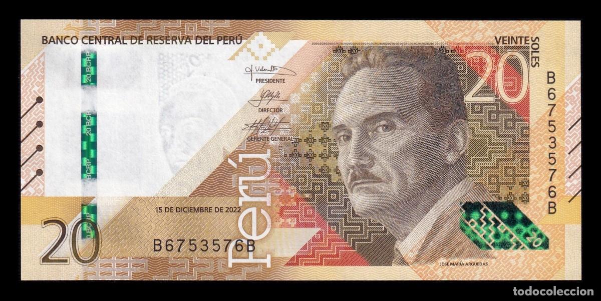 Billetes extranjeros: Per&uacute; 20 Soles Jos&eacute; Mar&iacute;a Arguedas 2022 Pick 197b Capicua Sc Unc