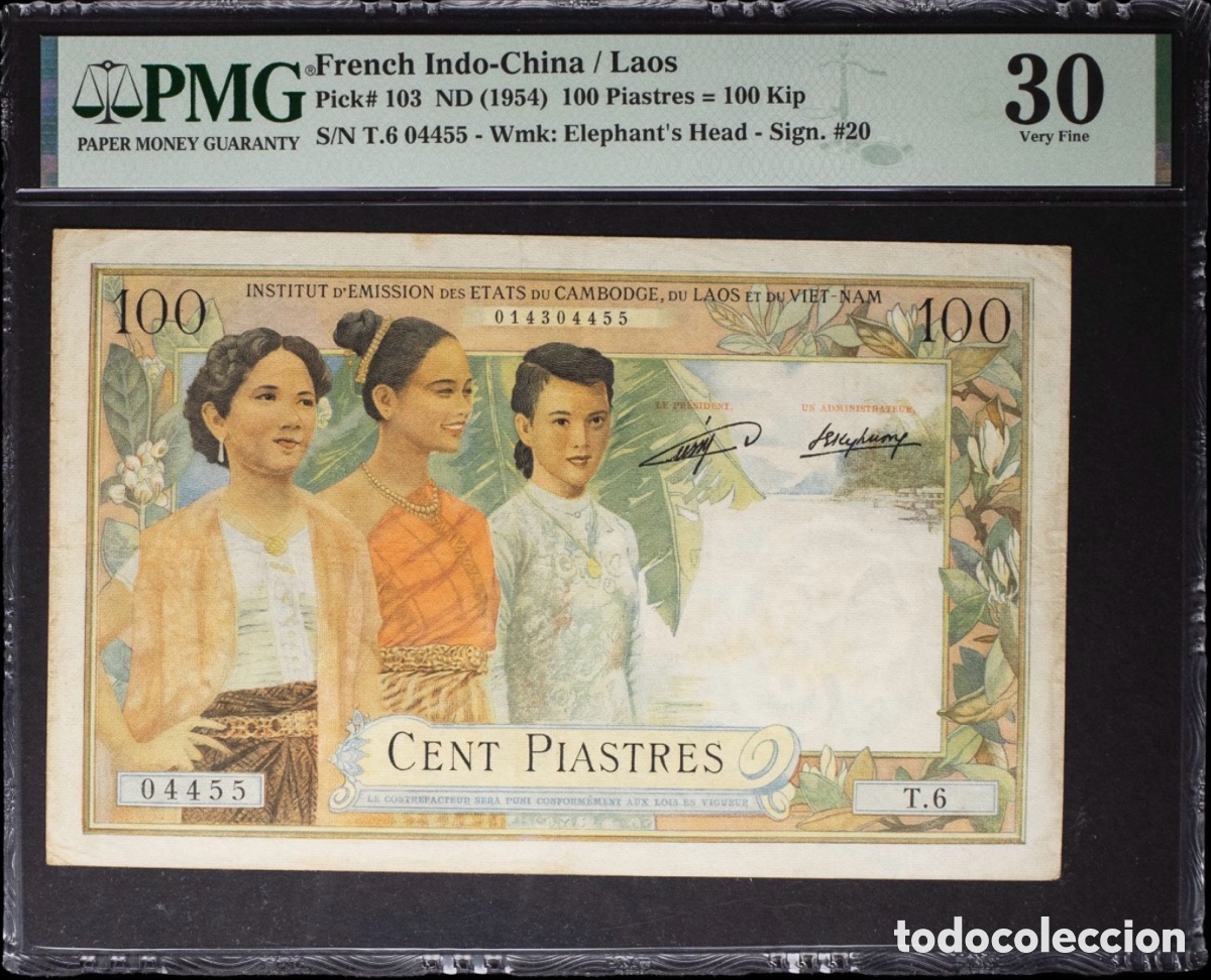 Billetes extranjeros: Billete French Indochina Laos 100 Piastres 1954 PMG 30 p103