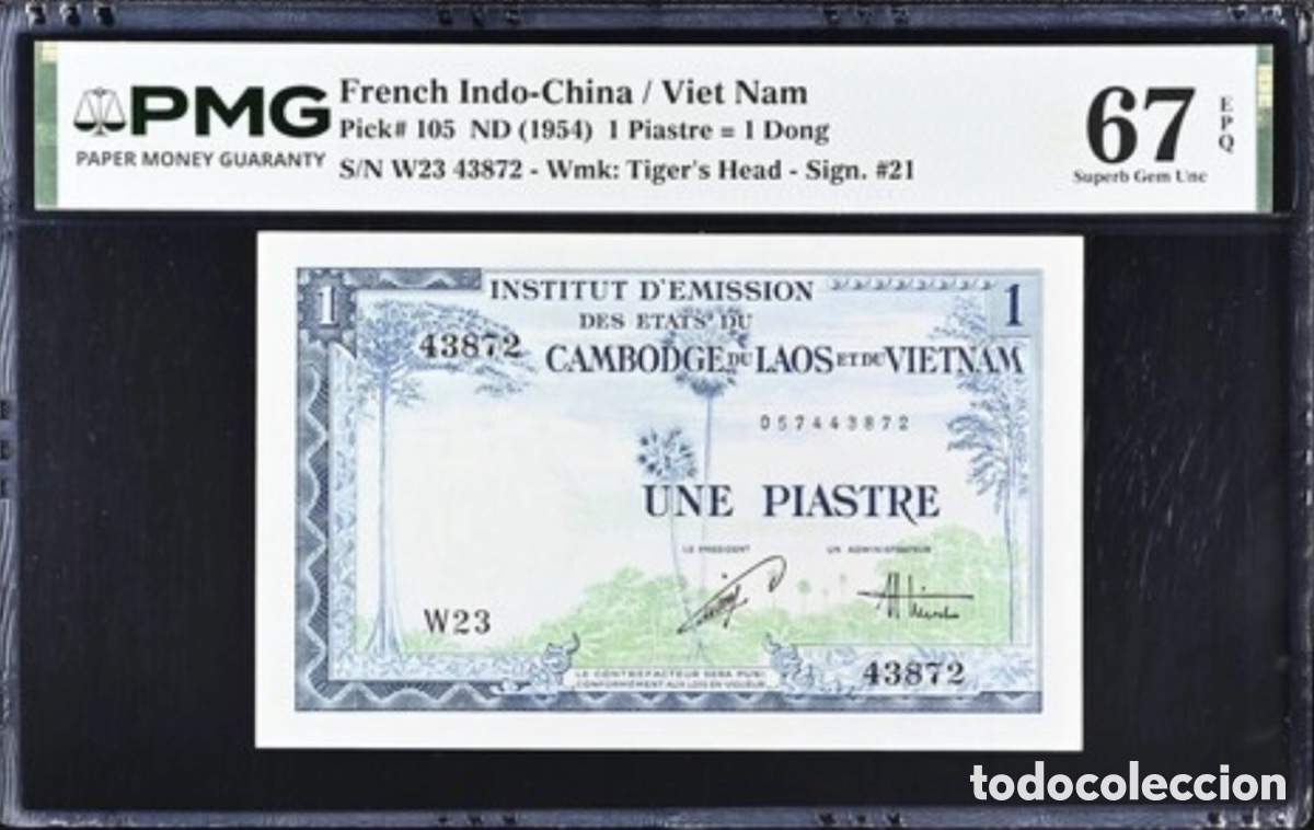 Billetes extranjeros: Billete French Indochina Vietnan 1 Piastre 1954 PMG 67 p105