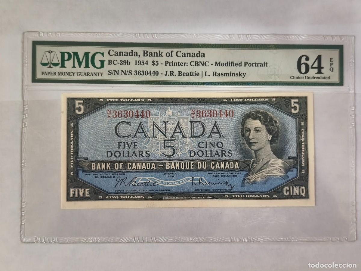 Billetes extranjeros: Canad&aacute; 5dollars 1954 PMG-64