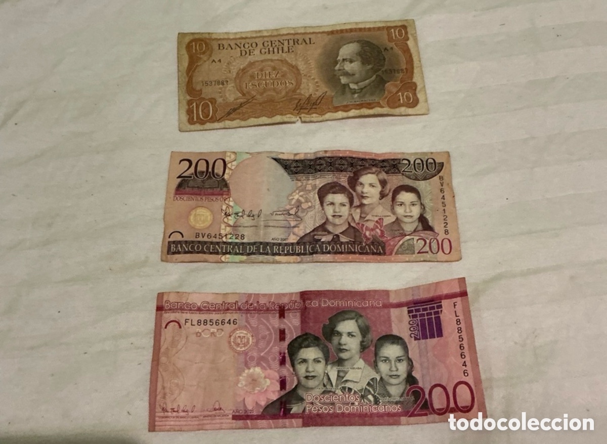 Billetes extranjeros: Lote de 3 billetes de Chile y Rep&uacute;blica Dominicana