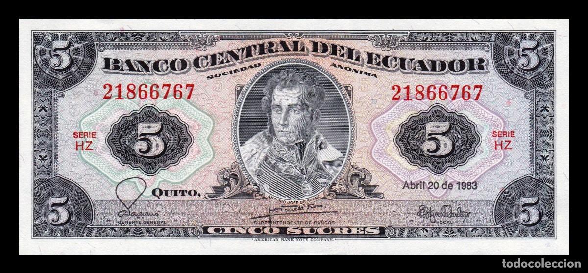 Billetes extranjeros: Ecuador 5 Sucres Antonio Jos&eacute; de Sucre 1983 Pick 108b(7) Serie HZ Sc-/Sc aUnc/Unc