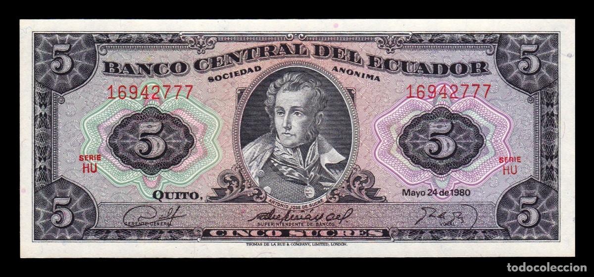 Billetes extranjeros: Ecuador 5 Sucres Antonio Jos&eacute; de Sucre 1980 Pick 113b(5) Serie HU Sc-/Sc aUnc/Unc