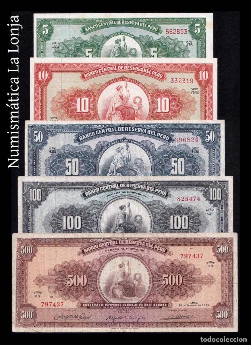 Billetes extranjeros: Per&uacute; Set 5 billetes 5 10 50 100 500 Soles 1962-1968 Pick 83-91 Mbc Vf