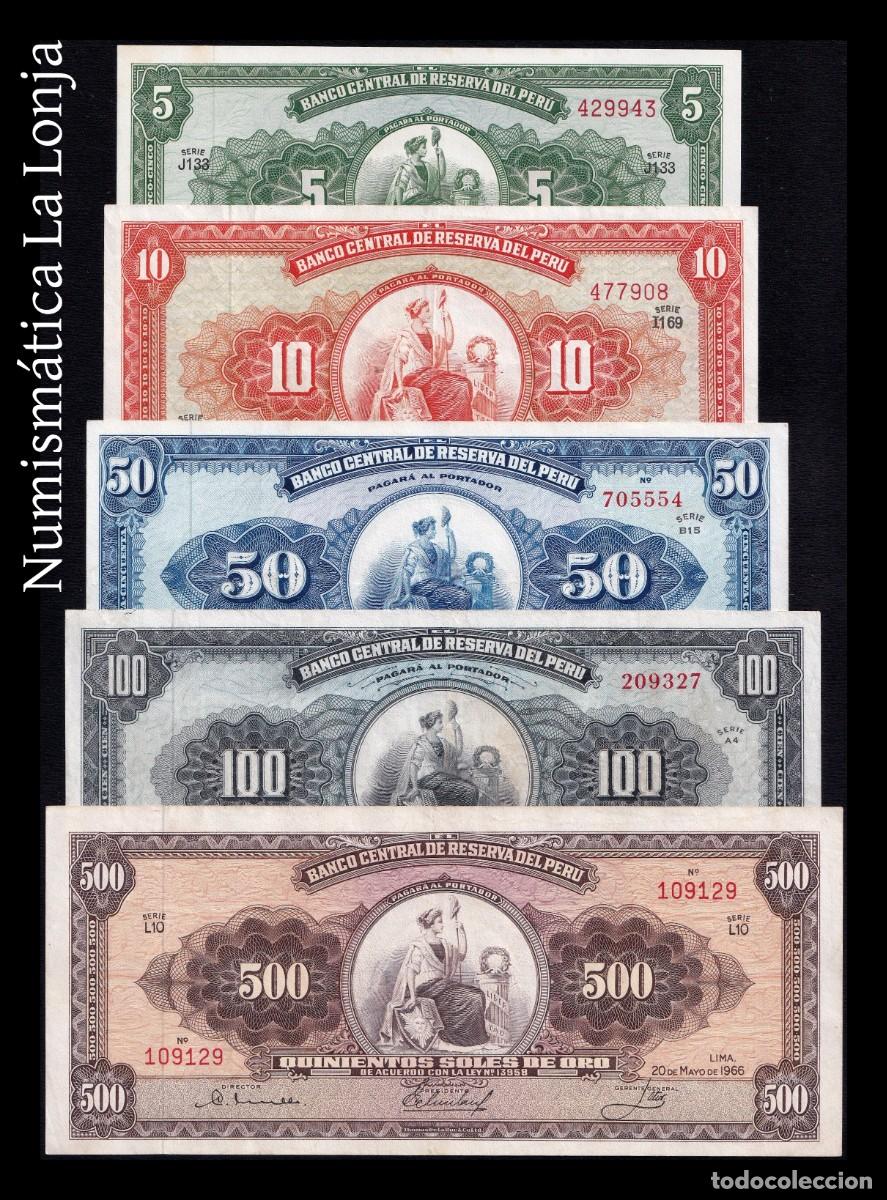 Billetes extranjeros: Per&uacute; Set 5 billetes 5 10 50 100 500 Soles 1962-1968 Pick 83-90 Mbc/Ebc Vf/Xf