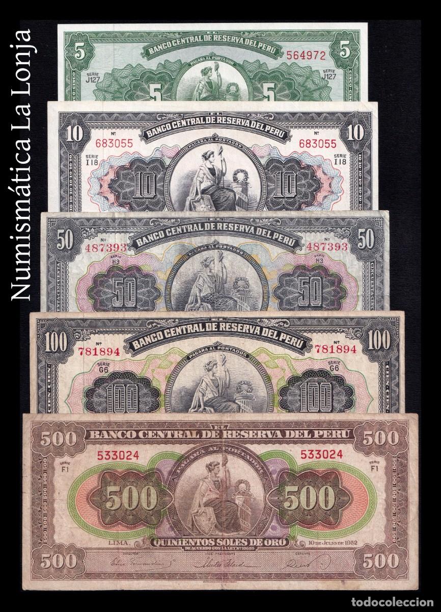 Billetes extranjeros: Per&uacute; Set 5 billetes 5 10 50 100 500 Soles 1962-1968 Pick 71-83 Bc/Mbc F/Vf