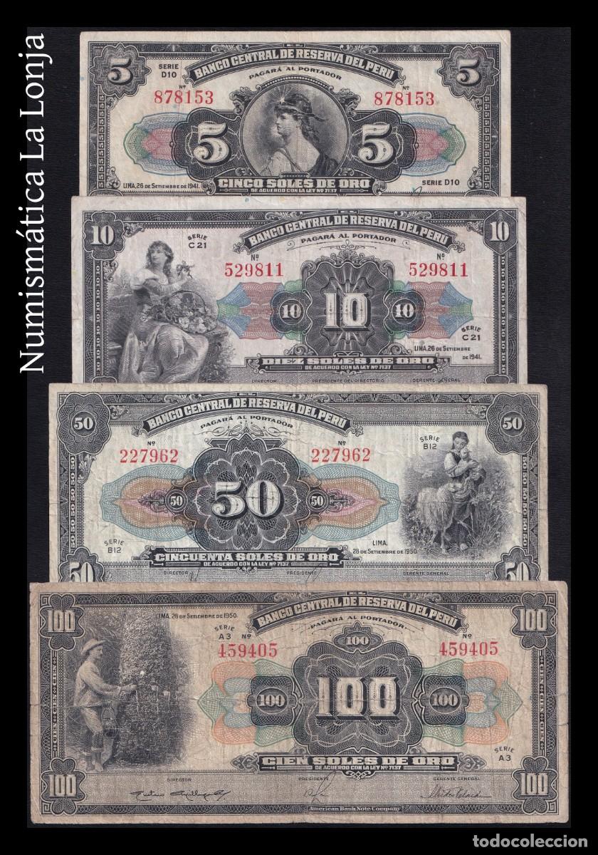Billetes extranjeros: Per&uacute; Set 4 billetes 5 10 50 100 Soles 1941-1950 Pick 66A-69A Bc/Mbc F/Vf