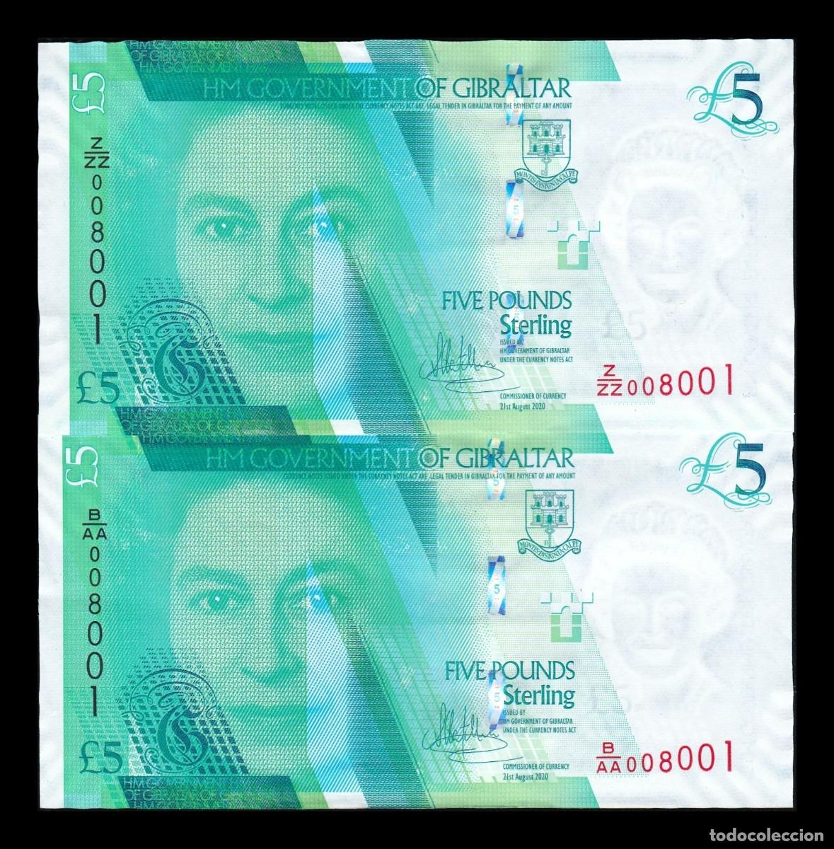 Billetes extranjeros: Gibraltar Pareja 5 Libras Isabel II 2020 Pick 42-42r Serie AA y ZZ Reposici&oacute;n Misma Numeraci&oacute;n Unc
