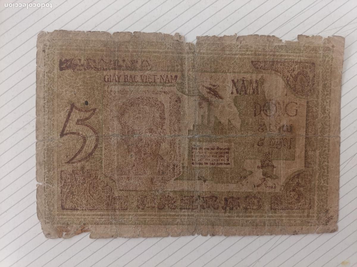 Billetes extranjeros: Vietnam. 5 dong de 1946 VIỆT NAM D&Acirc;N CHỦ CỘNG H&Ograve;A (Rep&uacute;blica Democr&aacute;tica de Vietnam)