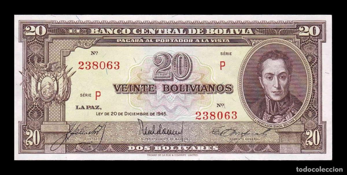 Billetes extranjeros: Bolivia 20 Bolivianos / 2 Bol&iacute;vares Sim&oacute;n Bol&iacute;var L.1945 (1954) Pick 140a(6) Serie P Sc Unc