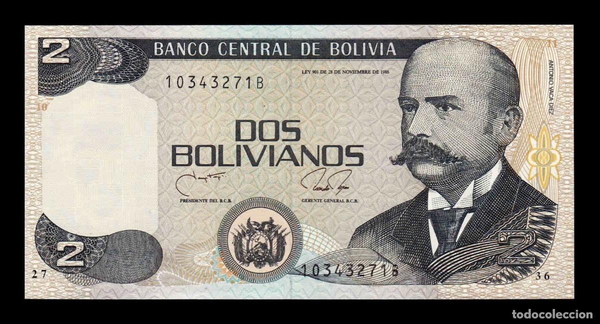 Billetes extranjeros: Bolivia 2 Bolivianos Antonio Vaca Diez L.1986 (1990) Pick 202b Serie B Sc Unc