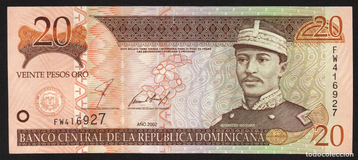 Billetes extranjeros: DOMINICANA Rep. 20 pesos 2002. Impresora - De La Rue. Pick 169 b.