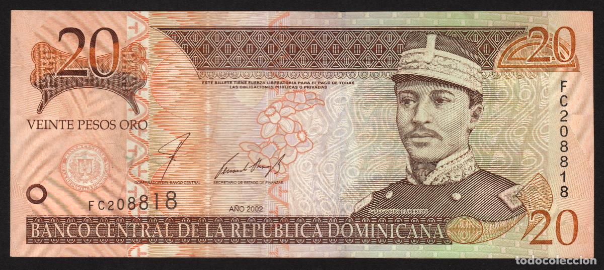 Billetes extranjeros: DOMINICANA Rep. 20 pesos 2002. Impresora - De La Rue. Pick 169 b.