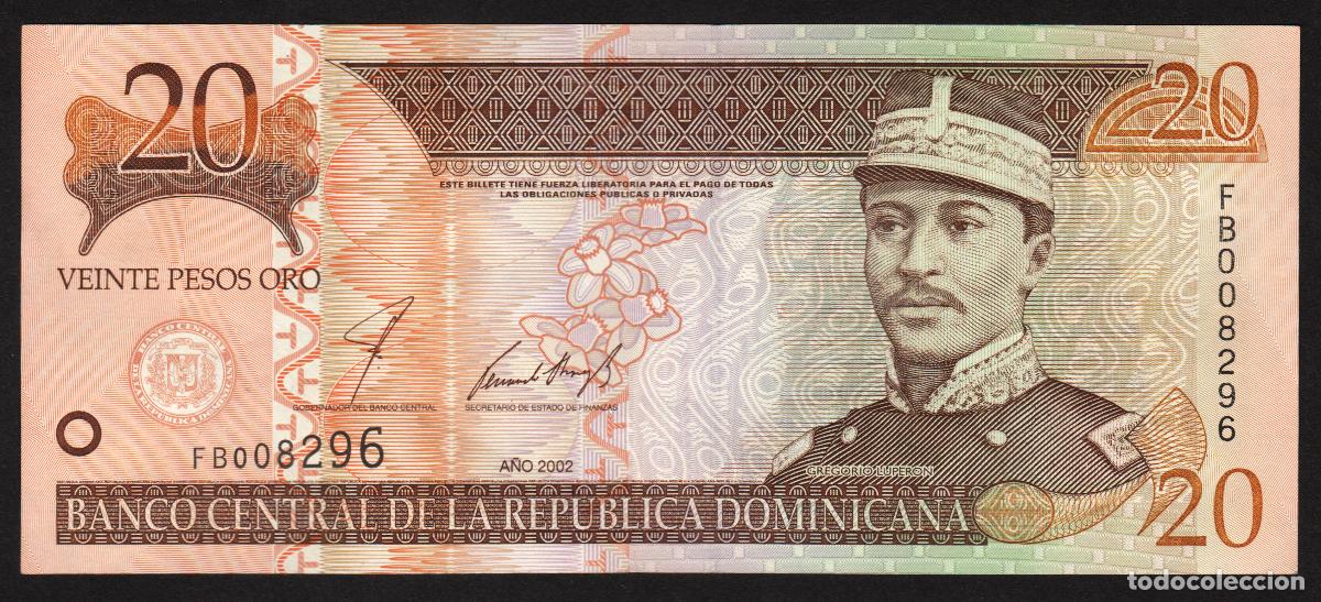 Billetes extranjeros: DOMINICANA Rep. 20 pesos 2002. Impresora - De La Rue. Pick 169 b.