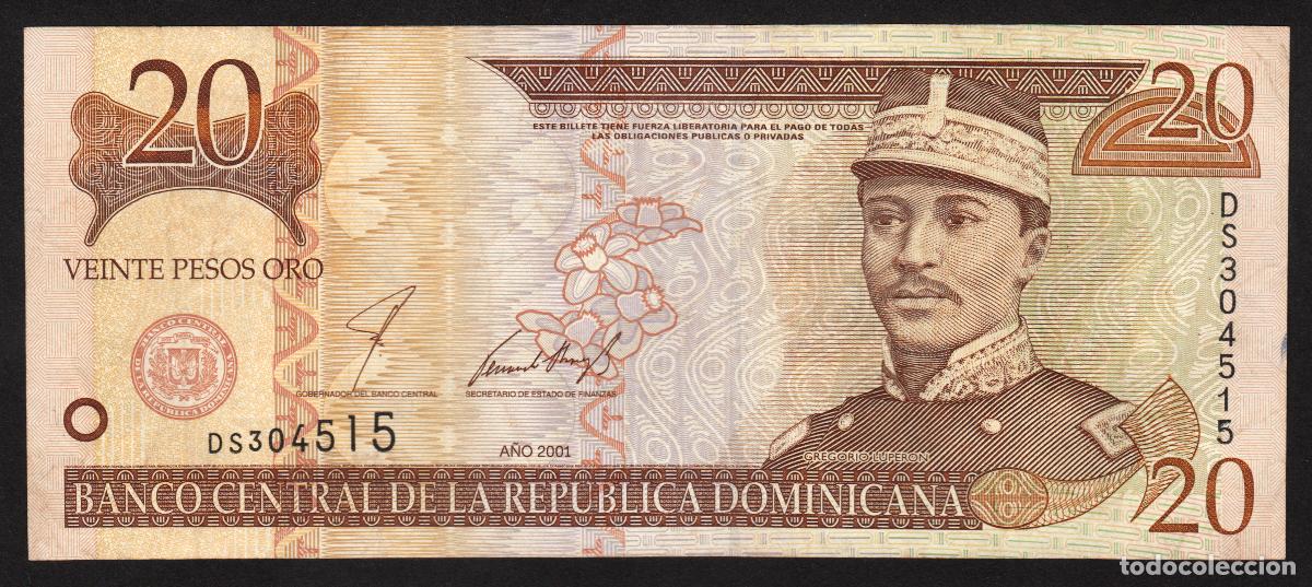 Billetes extranjeros: DOMINICANA Rep. 20 pesos 2001. Impresora - De La Rue. Pick 169 a.