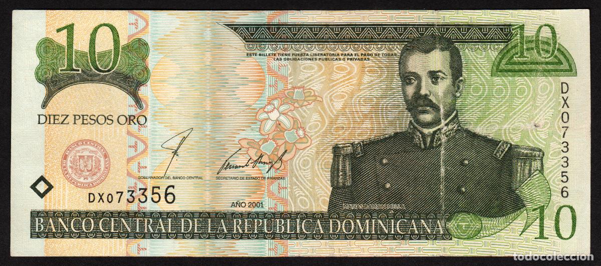 Billetes extranjeros: DOMINICANA Rep. 10 pesos 2001. Impresora - De La Rue. Pick 168 a.
