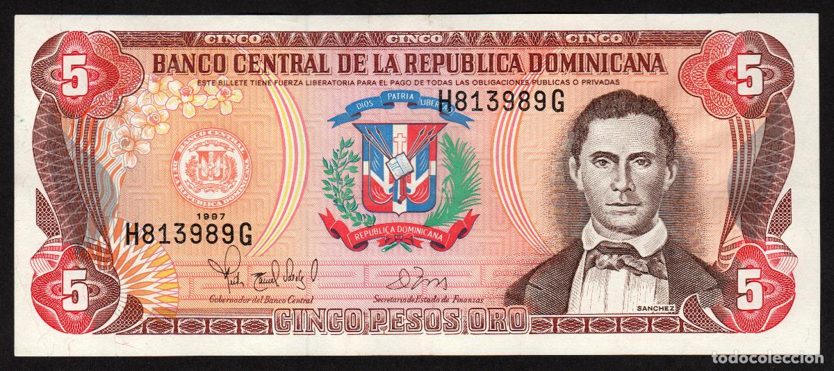 Billetes extranjeros: DOMINICANA Rep. 5 pesos 1997. F-C Oberthur. Pick 152 b.