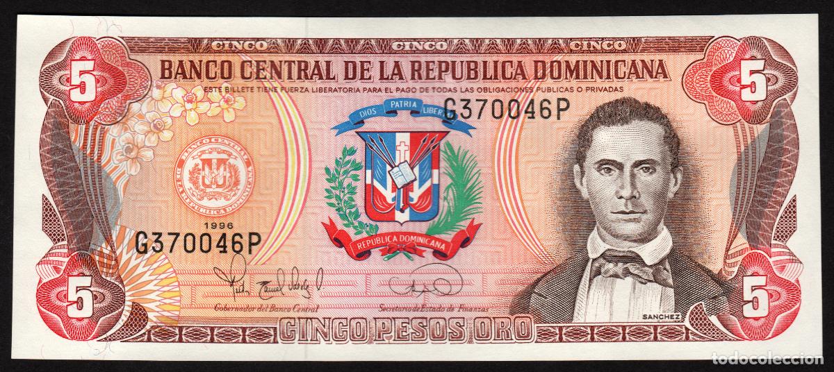 Billetes extranjeros: DOMINICANA Rep. 5 pesos 1996. F-C Oberthur. Pick 152 a.