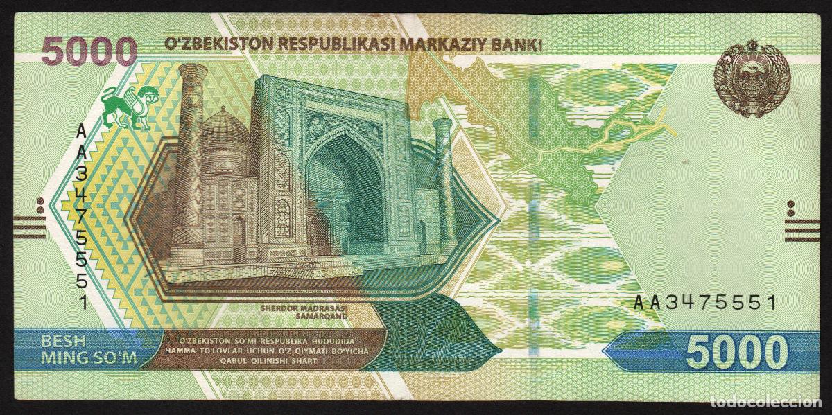 Billetes extranjeros: UZBEKISTAN. 5000 sum 2021. Prefijo AA.