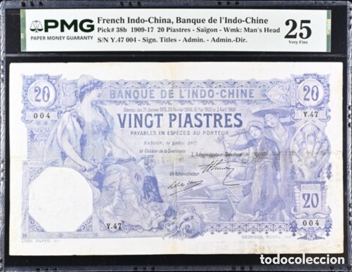 Billetes extranjeros: Billete French Indochina 20 Piastres 1909-17 Saigon PMG 25 p38b