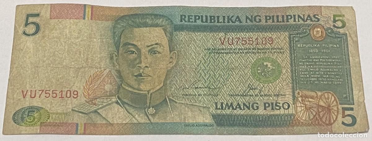 Billetes extranjeros: Billete 1994. 5 Piso. Filipinas. P-168e. MBC-. Declaraci&oacute;n Independencia de Espa&ntilde;a. 1898. Firmas: M.