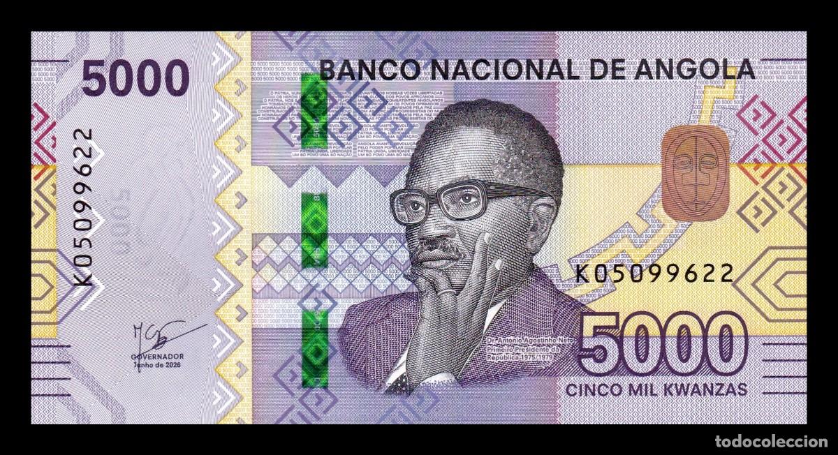 Billetes extranjeros: Angola 5000 Kwanzas Ant&oacute;nio Agostinho 2026 Pick 164d Nuevo Sc Unc