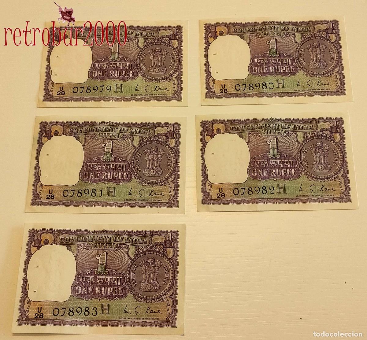 Billetes extranjeros: Lote 5 Billetes Correlativos 1 Rupia India 1976 - SC / UNC - Firma K. G. Kaul