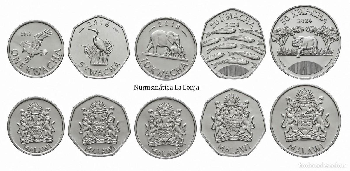 Billetes extranjeros: Malawi Set 5 monedas 1 5 10 20 50 Kwacha 2018-2024 Km 212-Nuevo Sc Unc