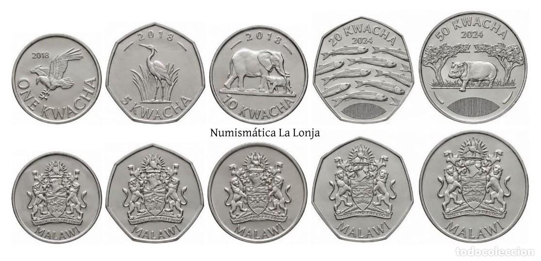 International Banknotes: Malawi Set 5 monedas 1 5 10 20 50 Kwacha 2018-2024 Km 212-Nuevo Sc Unc