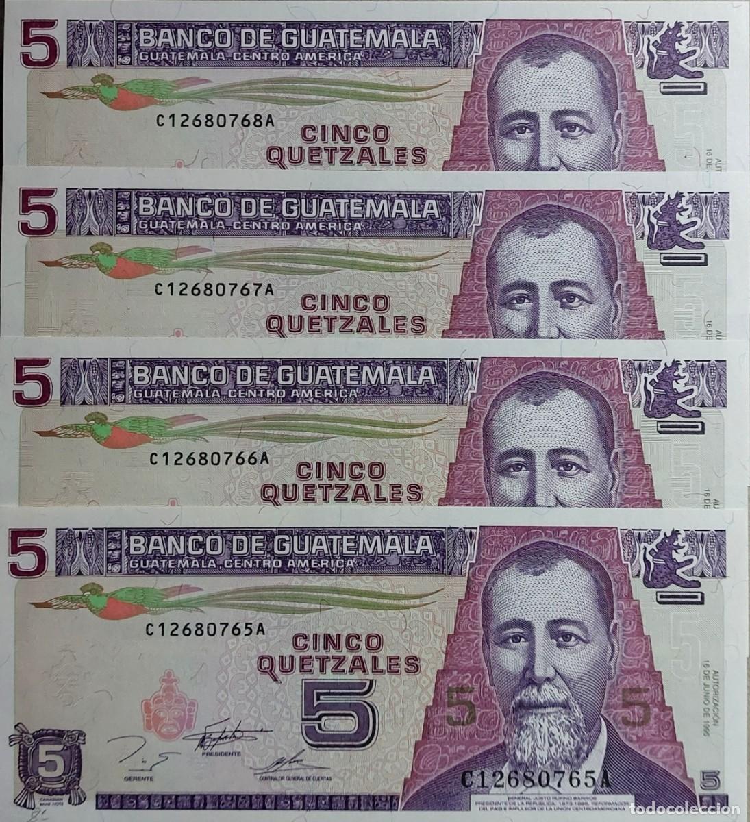 Billetes extranjeros: LOTE DE 4 BILLETES CORRELATIVOS DE ( GUATEMALA ) DE 5 QUETZALES DEL 1995 PLANCHA/ UNC.