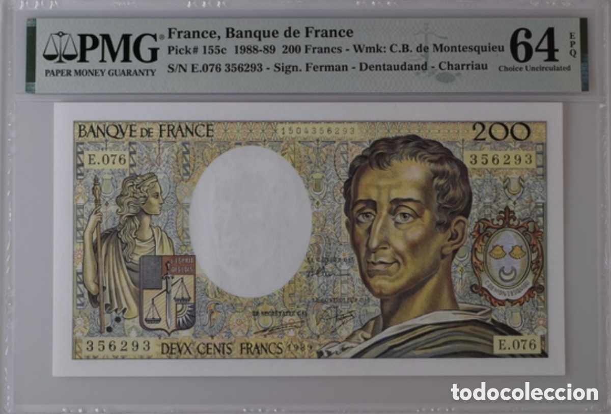Billetes extranjeros: Billete Francia 200 Francos 1988-89 PMG 64 EPQ p155c