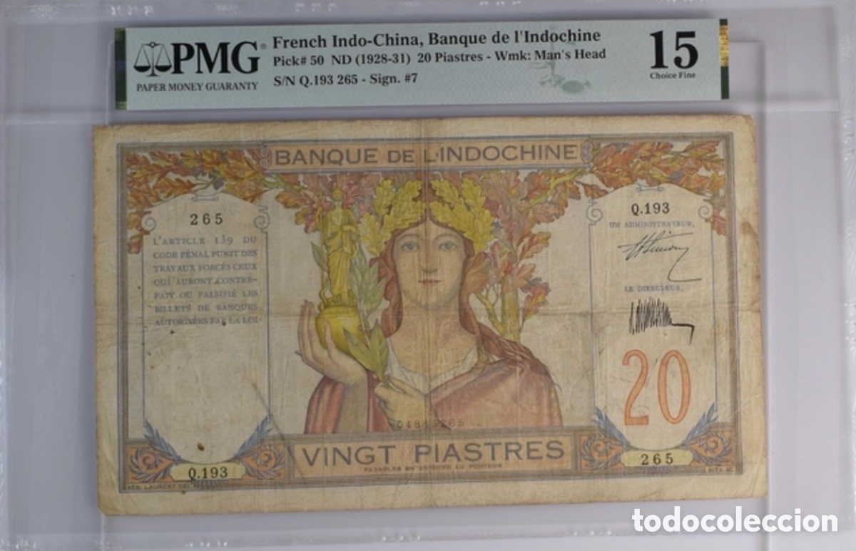 Billetes extranjeros: Billete French-Indochina 20 Piastres 1928 PMG 15 p50