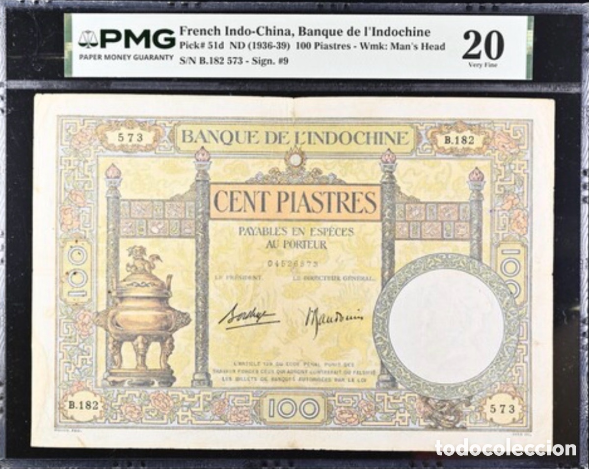 Billetes extranjeros: Billete French-Indochina 100 Piastres 1936-39 PMG 20 p51d