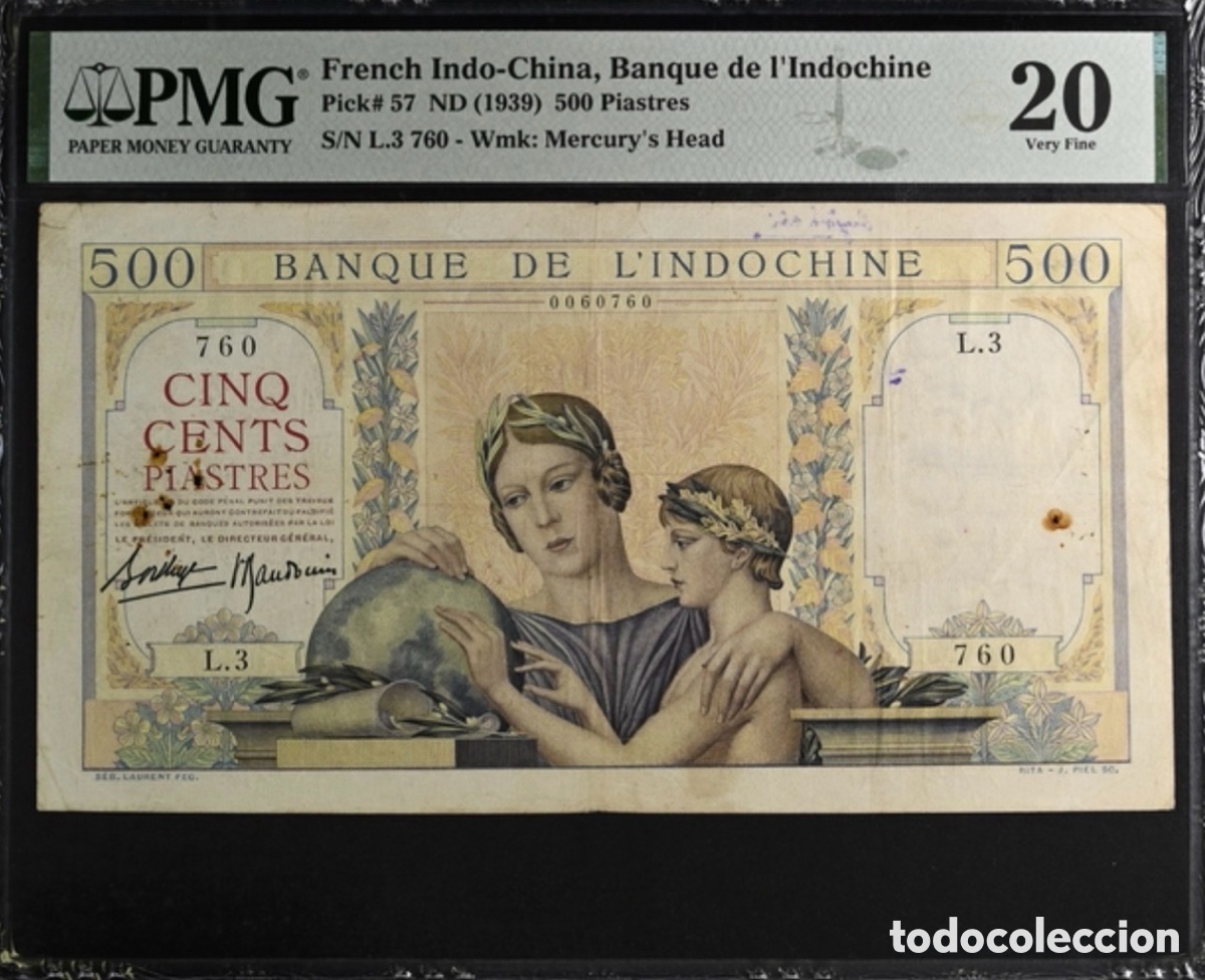 Billetes extranjeros: Billete French-Indochina 500 Piastres 1939 PMG 20 p57