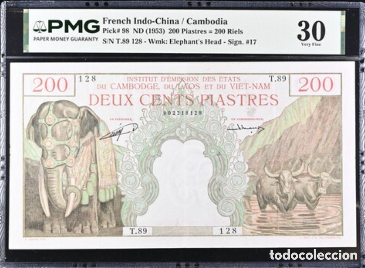 Billetes extranjeros: Billete French-Indochina Cambodia 200 Piastres 1953 PMG 30