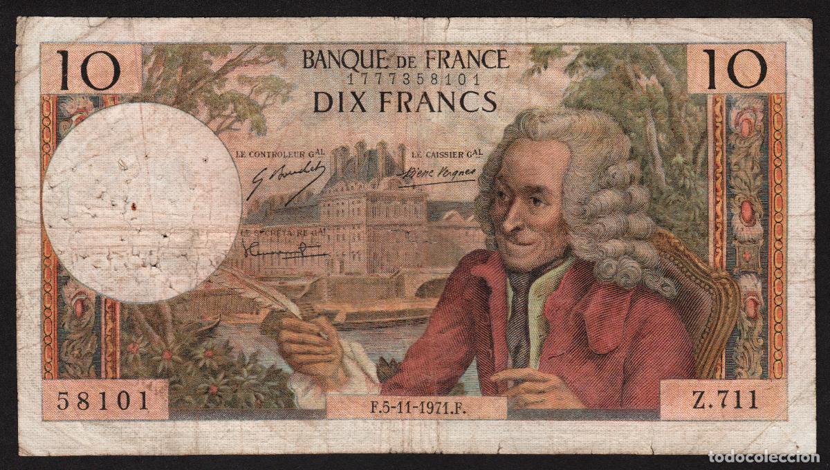 Billetes extranjeros: FRANCIA. 10 francs 3.11. 1971. Voltaire.