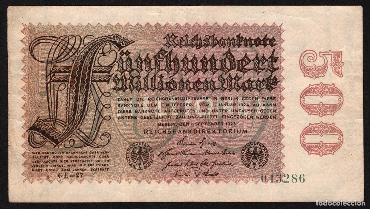 Billetes extranjeros: ALEMANIA (Rep. Weimar). 500 millionen mark 1.9. 1923. Pick 108. Unifaz. Ver letra de numerador.