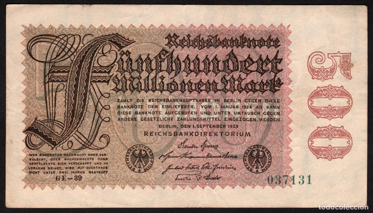 Billetes extranjeros: ALEMANIA (Rep. Weimar). 500 millionen mark 1.9. 1923. Pick 108. Unifaz. Ver letra de numerador.