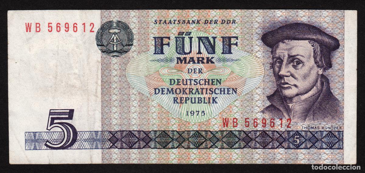 Billetes extranjeros: ALEMANIA (ORIENTAL, DDR). 5 mark 1975. Pick 28 b. Letras y numeros estrechos.
