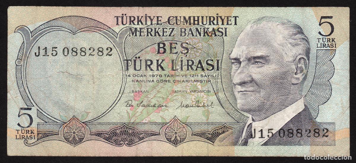 Billetes extranjeros: TURQUIA. 5 lira L.1970 (1975). Pick 185. Serie J.