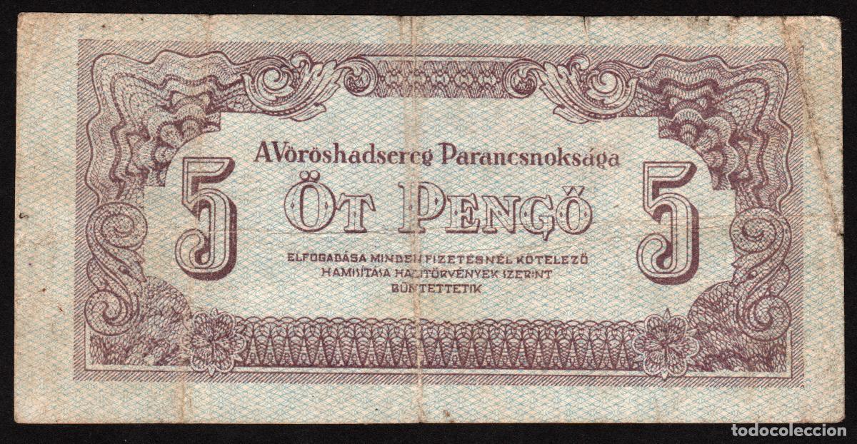 Billetes extranjeros: HUNGRIA. Ocupacion Sovietica II Guerra Mundial. 5 Pengo 1944. Pick M4.